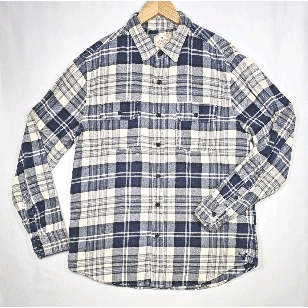 American Eagle Heritage Flannel Button Down‎ Shirt Men L Medium Blue White Plaid